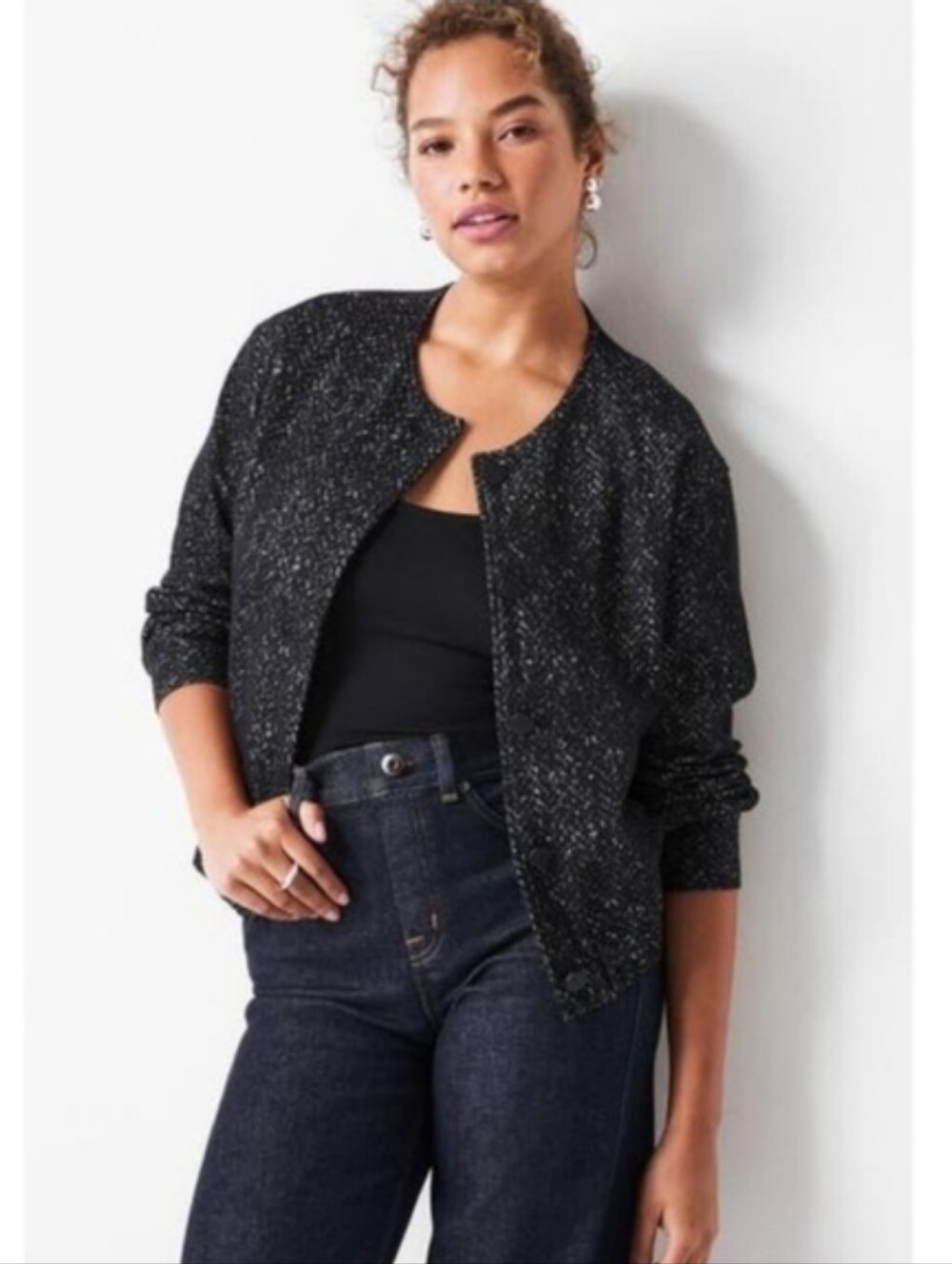 NEW Spanx Ponte Knit Herringbone Jacket Sz Small Black White Bomber Jacket